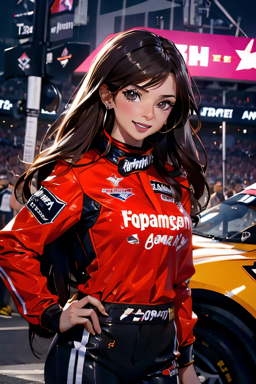 Beautiful brunette girl . She is 30 years old .black eyes . She's wearing a racing suit . She won the . race At the top of the podium . She was awarded and is drenched in champagne . she laughs .