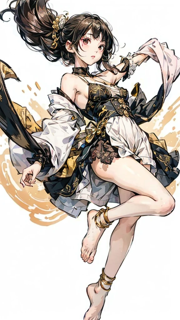 anime style, masterpiece, HD 4k, best quality, unique clothing, unique accessories, masterpiece, best quality, expressive, detailed clothing, solo, detailed earrings, detailed head accessories, full-body view, flat chest