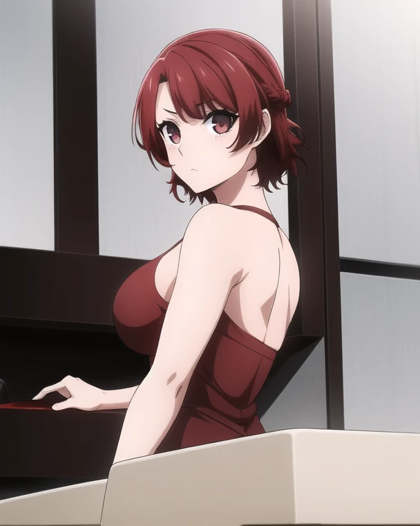 best qualityer,(tmasterpiece:1.2),highly detailed,sitted,Mature woman,
1girll, 独奏, hamaoka azusa,
looking at viewert,ssmile,,
Purple eye,Purple colored hair,short detailed hair,green-shirt,Red bra strap,Full buttocks,plumw,big breasts body