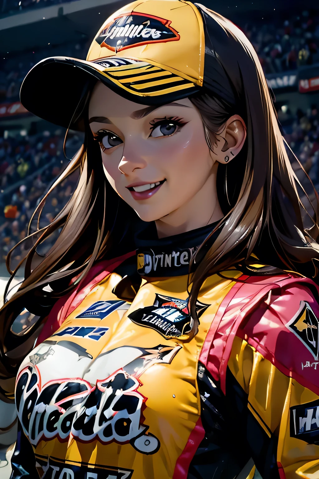 Beautiful brunette girl . She is 30 years old .black eyes . She's wearing a racing suit . She won the . race At the top of the podium . She was awarded and is drenched in champagne . she laughs .