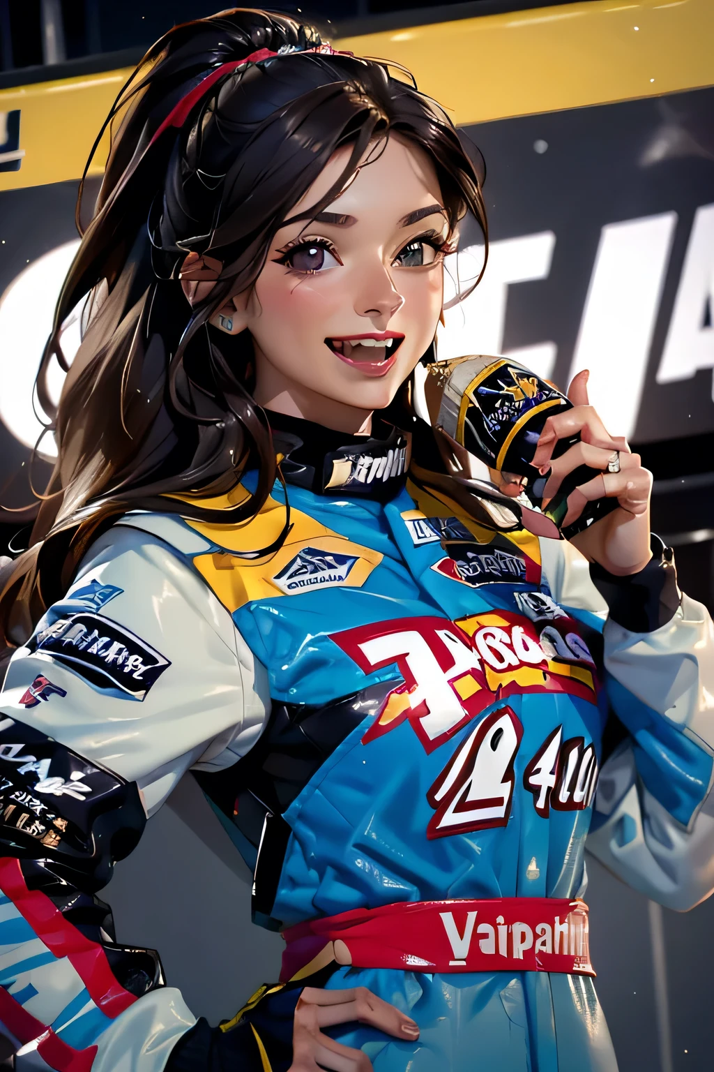 Beautiful brunette girl . She is 30 years old .black eyes . She's wearing a racing suit . She won the . race At the top of the podium . She was awarded and is drenched in champagne . she laughs .