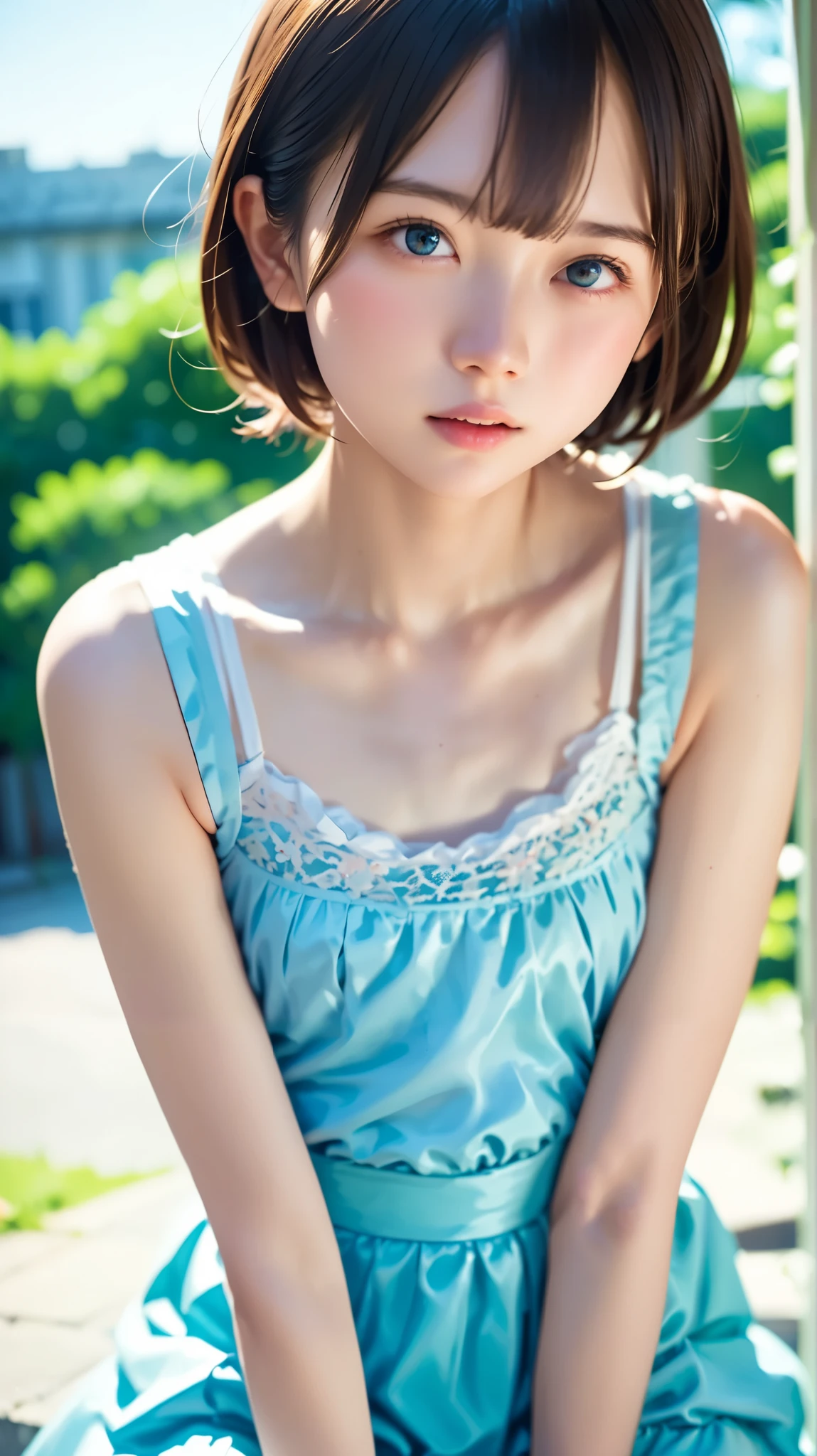 upper body angle、perfect anatomy, Japanese women, girl, solo, 一人もgirl, white skin, her brown hair is up , Bangs, She's wearing a black and gold lace bodysuit, キャミソール dress, Light Pink Camisole, dress, She has lace straps on her legs , She is not wearing shoes. very detailed, majestic
