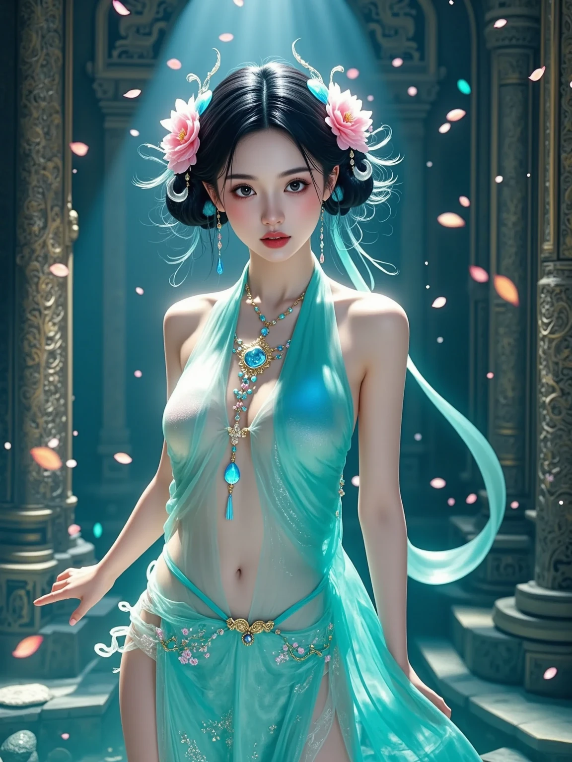 Arad woman in a costume with a flower crown and a blue dress, a beautiful fantasy empress, autumnal empress, ((a beautiful fantasy empress)), Guviz, Guviz-style artwork, asian nymph bald goddess, Full body CGsociety, guweiz masterpiece, full-body xianxia, goddess of autumn, a stunning young ethereal figure