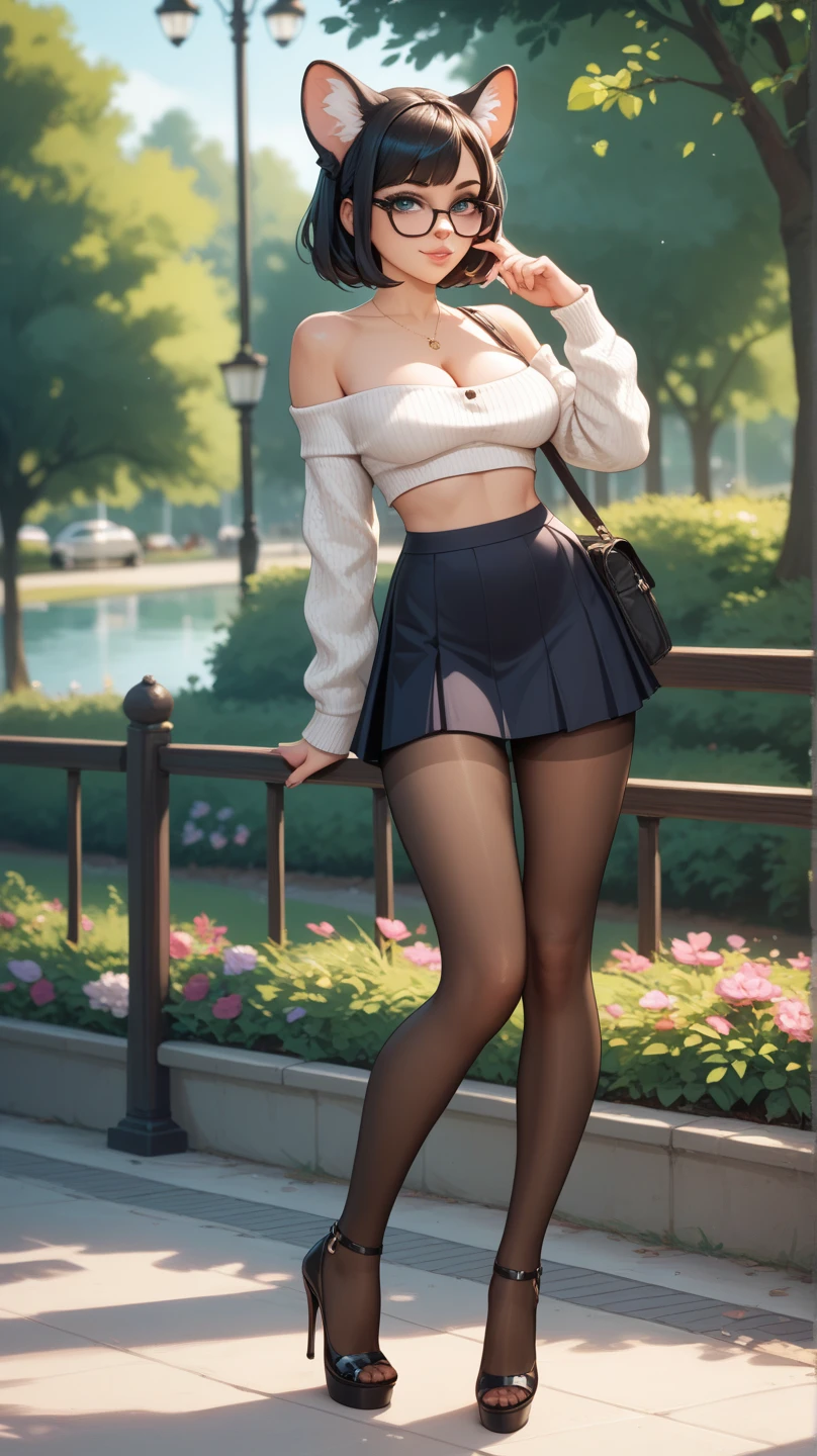 (8k, best quality, masterpiece:1.2), (realistic, photo-realistic:1.37), ultra-detailed, 1 girl,cute, solo, ,beautiful detailed blue eyes, medium wavy hair, standing in a park, , smiling, looking at viewer, ,light brown hair, black lips, black lipstick, full body view, , whole body shot, red hat, , , nsfw, choker, yellow tank top, black skirt, busty, , black pantyhose, red sneakers