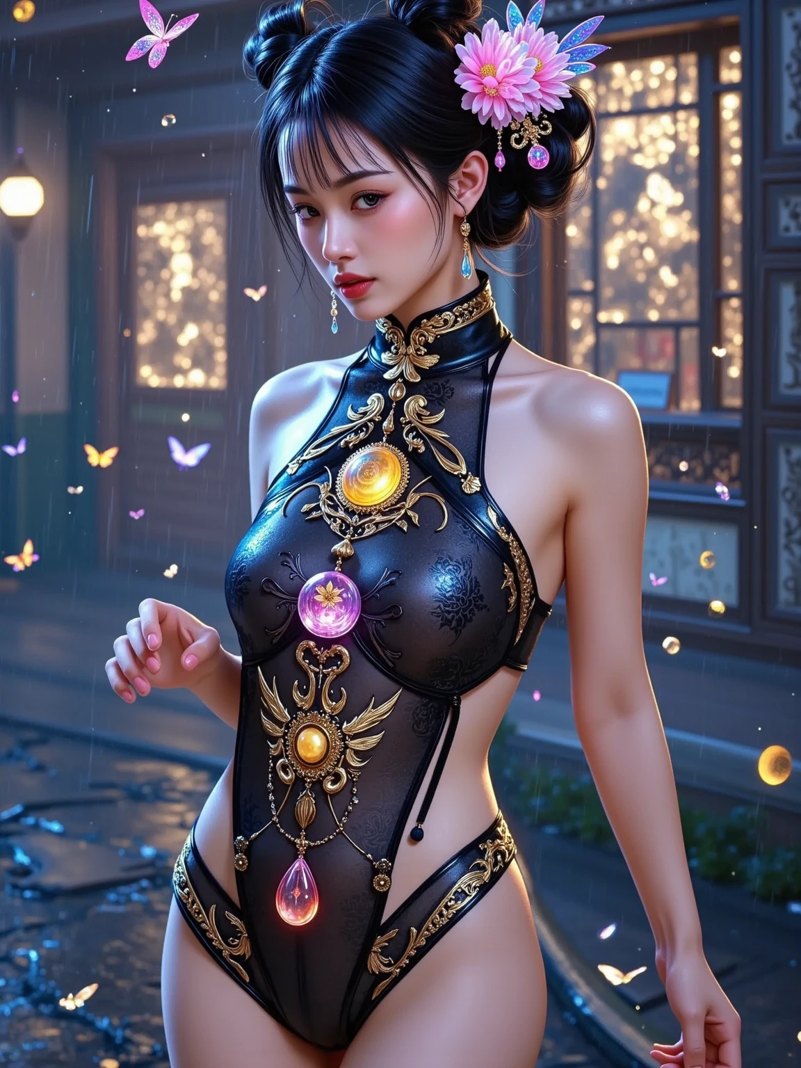 GEOFF DIEGO LITHERLAND, Yasuko Sakata, Surreal, mysterious, strange, fantastical, fantasy, Sci-fi, Japanese anime, night of plastic models, under the crescent moon, solo beautiful girl perfect voluminous body, detailed masterpiece, zoom in sexy erotic provocative, girl playing with models