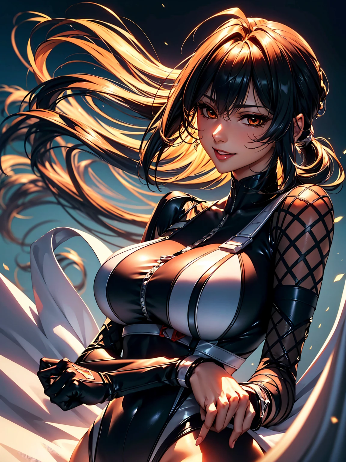 Portrait of a goth girl, sexy pose, smiling at camera, anime girl, smooth soft skin, Fantastic Big Eyes, beautiful intricate colored hair, Symmetrical, bobcut hair, defined abs, muscular, huge tits, exposed cleavage, f cup breasts, latex clothes, anime wide eyes, Beautiful eyes, Soft lighting, Detailed face, By Makoto Shinkai, Stanley Ateg Liu, Phlegm sputum, phlegm, rossdraws, concept-art, Digital painting, looking at the camera in, 1girll,full bodyesbian,Raised sexy, massive tits, muscular, defined abs
