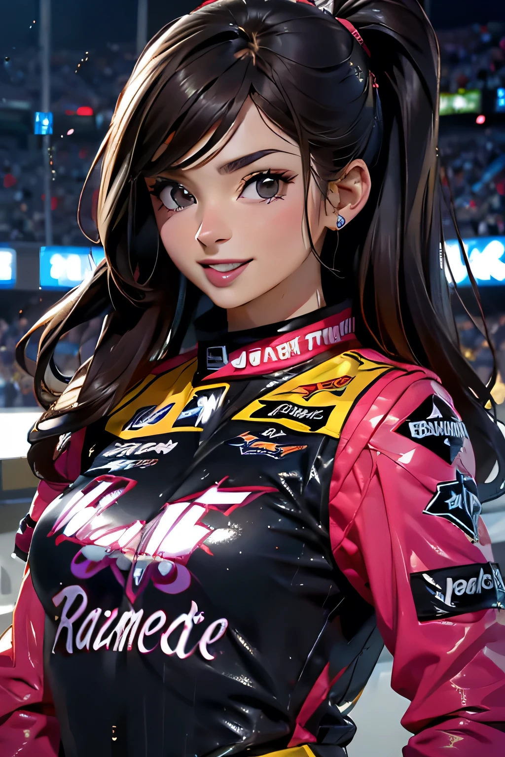 Beautiful brunette girl . She is 30 years old .black eyes . She's wearing a racing suit . She is the winner of the race. race At the top of the podium . She was awarded and is drenched in champagne . she laughs .