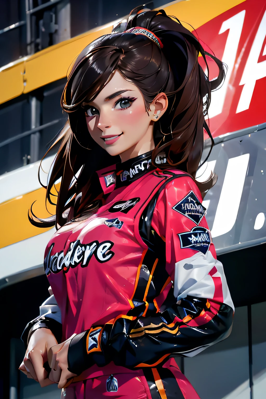 Beautiful brunette girl . She is 30 years old .black eyes . She's wearing a racing suit . She is the winner of the race. race At the top of the podium . She was awarded and is drenched in champagne .  she laughs  . 
