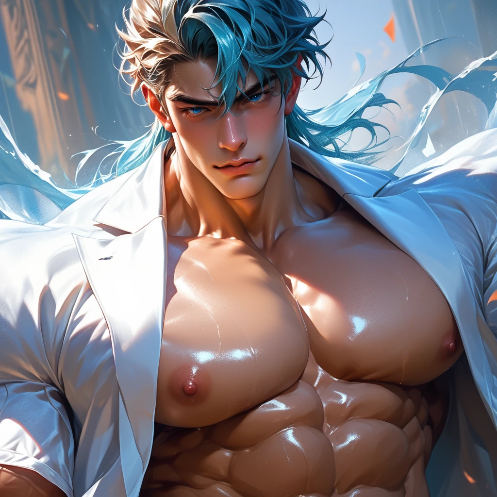 (masterpiece,best quality,ultra_detailed,highres,absurdres),1 mature male, 30-ish, (wide shoulder), (muscular), big body, male focus, solo, blue eyes, blue eyes color, upper body, short hair, white hair, albino boy, looking at viewer, smile face, parted lips, round eyewear, Masterpiece, high quality, best quality, HD, realistic, perfect lighting, detailed body, 1 man, black shirt, calm expression,
