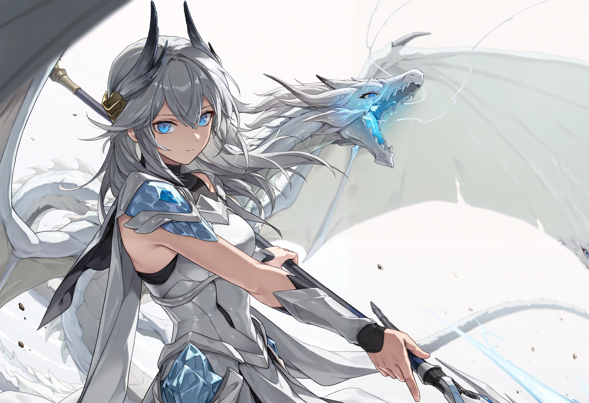 by [arknights|(748cmstyle:0.5)], mature, young adult, masterpiece, best quality, amazing quality, very aesthetic, high resolution, ultra-detailed, absurdres, newest, scenery,
1girl, woman, solo, alone, single character, (side shot, action shot, upper body focus, upper body shot:1.2), Bella, Bel_Stigmata,glowing eyes, blue eyes, gray hair, grey hair, hair between eyes, long hair, greco-roman clothes, ancient greek clothes, Dragon wings, (Blue Eyes White Dragon:1.7), armor, white armor, ice magic, ice and thunder, light trails, dragonborn, draconic armor, scale armor, short skirt cape, (dragon spear, long lance:1.33), energy tunnel, crystal energy, (crystal armor:1.33), archangel, dragon archangel, seraphim, tsurime, focus, battle trance, warrior,
BREAK, depth of field, volumetric lighting
 