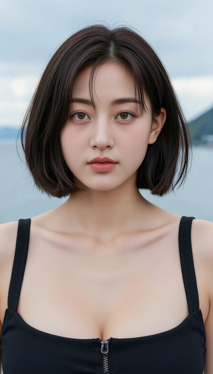 1 girl, Very Beautiful 30 Year Old Japanese Woman、very short hair、vision、 cleft breast、wind、Dark cloudy sky、 body like model 、Colossal 、 shirt、opens legs、 high image quality 、最high image quality、camera、Focus on the eye 、With the winter Sea of Japan in the background、 Leaf Runner
