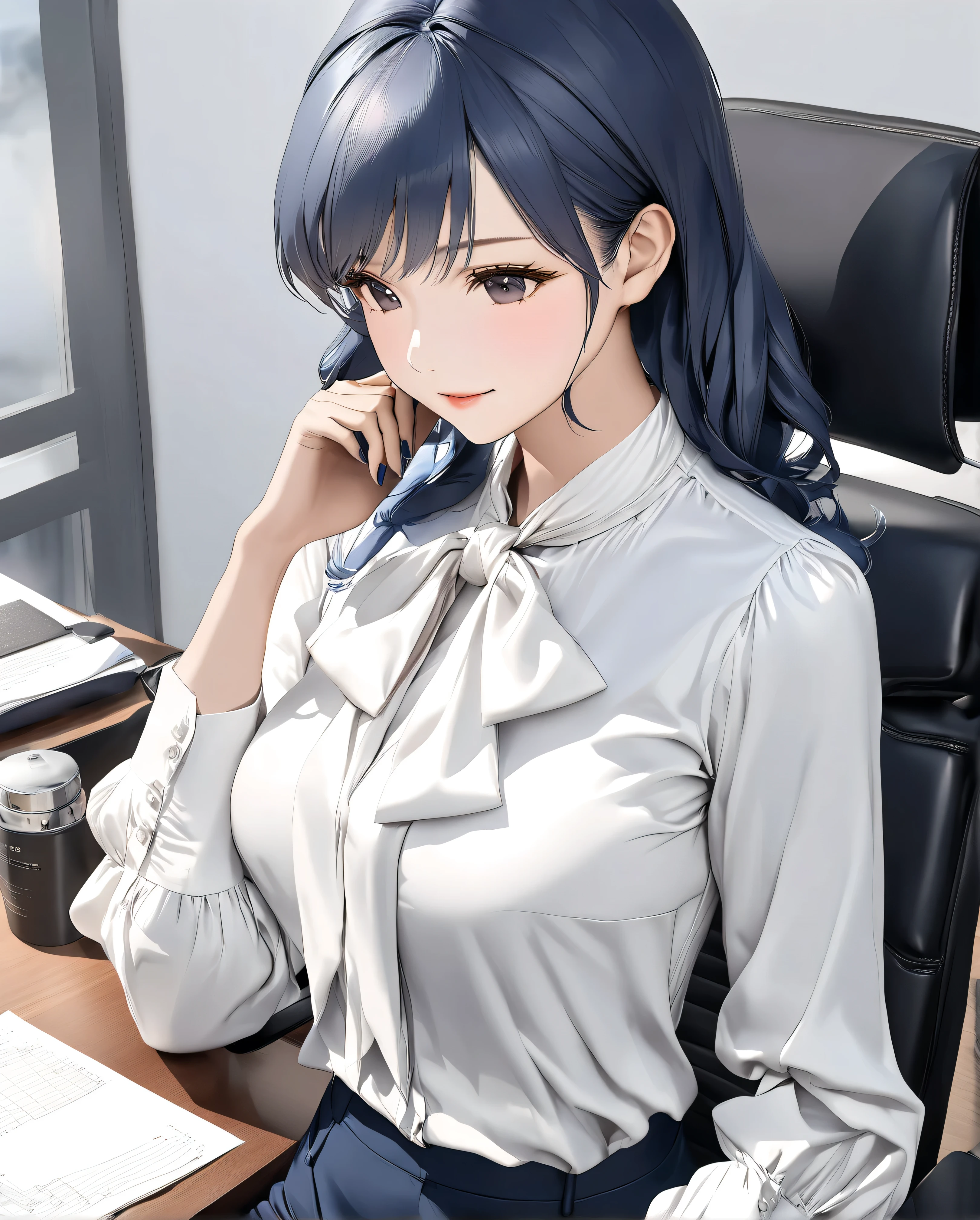 bow blouse, anime - style image, a woman sitting on a chair in the office room, Realistic body structure, A body with perfect style, (((shiny classical and office style white tie-neck blouse))), (((white office style classical tie neck))), seductive anime girl, 8k, Score_9, Score_8_up, Score_7_up, realistic office lady, long sleeves blouse with a regular cuffs, A realistic blouse, realistic tie-neck, fine details, a couple tie neck, A tie-neck in the same color as the blouse, white bow tie, attractive anime girl, Symmetrical ribbon, hyper-realistic office lady, smooth anime CG art, beautiful anime office lady, The bow tie is meticulously tied in a perfect, bow tie with large loops ribbon, the ribbons are slightly curled at the ends, The knot of the bow tie is meticulously detailed, showing the intricacies of its construction, Subtle shadows define the contours of the bow and the delicate folds of the ribbons, anime visual of a cute 26-old woman, navy blue mini tight skirt from H&M, the tight skirt non-glossy polyester, There is no color other than navy blue in the skirt, glassese