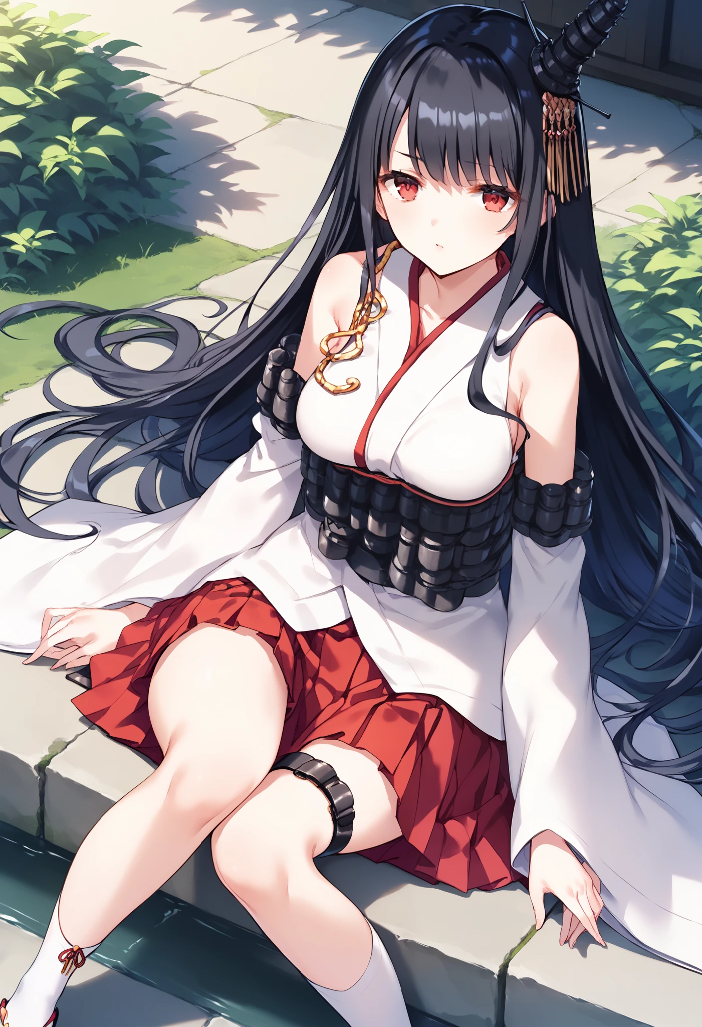 1 girl, Alone, walk, fusou-kc , red eyes, long hair, black hair, hair ornament, headgear for brainwashing, fusou-n-kc , Japanese Clothes, Non-traditional Shrine Maiden , Bare Shoulders, fusou-sleeve , detachable sleeve, loose sleeves that sit on top, Black Belt, black skirt, pleated skirt, hakama short skirt, micro miniskirt, thigh strap, white socks, Sandals,, score_9,score_8_up, score_7_up, source_anime, masterpiece, best quality, Official Art, Official Style, game cg, goddess magazine, rating_safe, rating_ are suspicious,