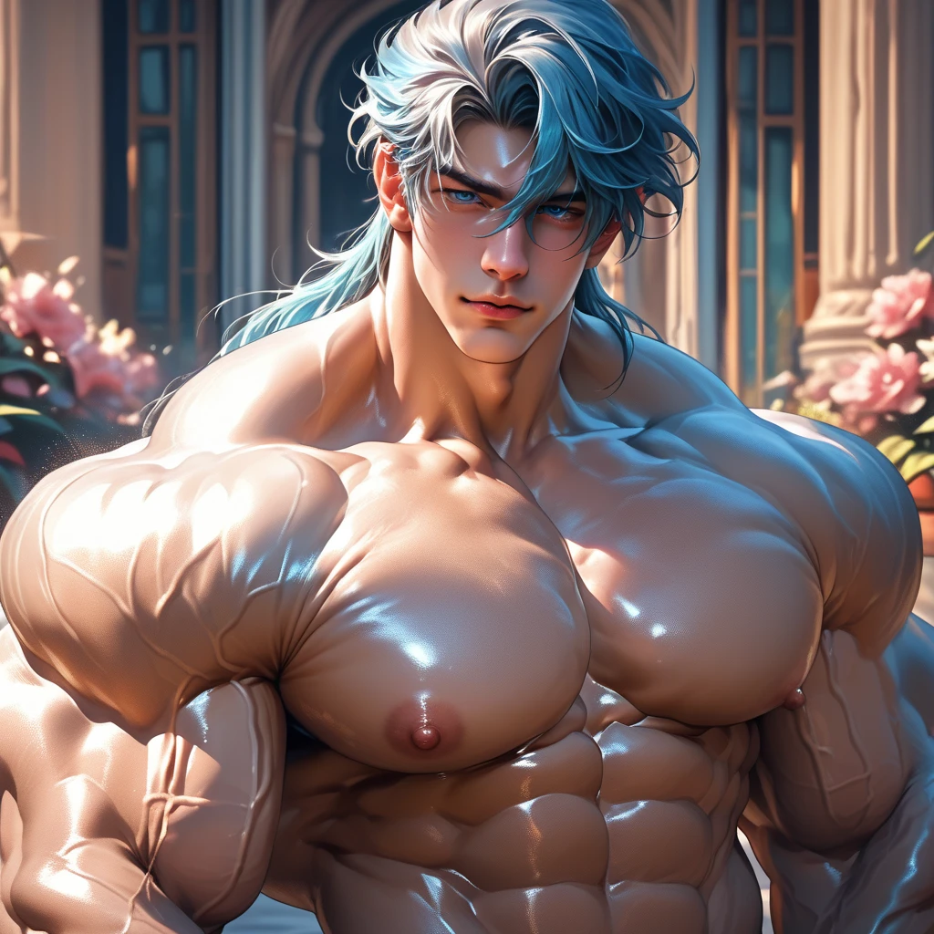 nsfw, nude, erection gigantic penis, (extremely detailed CG unity 8k wallpaper, masterpiece, best quality, ultra-detailed), best lighting, best shadow (very strong, giant, muscular God Poseidon), kind expression, squatting at the edge of a pool, legs open, topical paradise, gushing water, volumetric lighting, full body visible, old warrior, detailed face, warm smile, battle scars, glowing eyes, long white hair flowing in the breeze, tropical flowers, Florida, dripping wet body, looking up at me, tan skin, oiled up muscles,