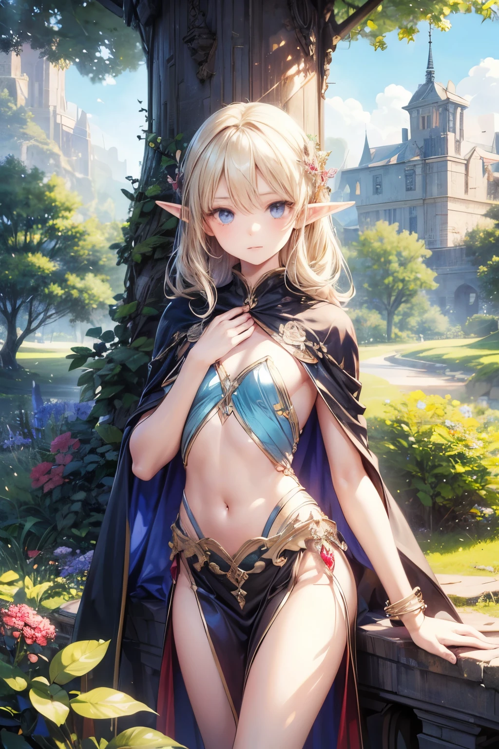 masterpiece,top quality,very detailed,photorealistic,realistic, ultra high resolution, Masterpiece,fantasy,Elf Girl,elegant,,very long blonde,skinny,Completely,slender,(flat chest),VERY CUTE, gorgeous clothes ,hair ornament,gem,embroidery,cape,Giant Tree,Muimori, correct handshake,active pose,Outdoors
