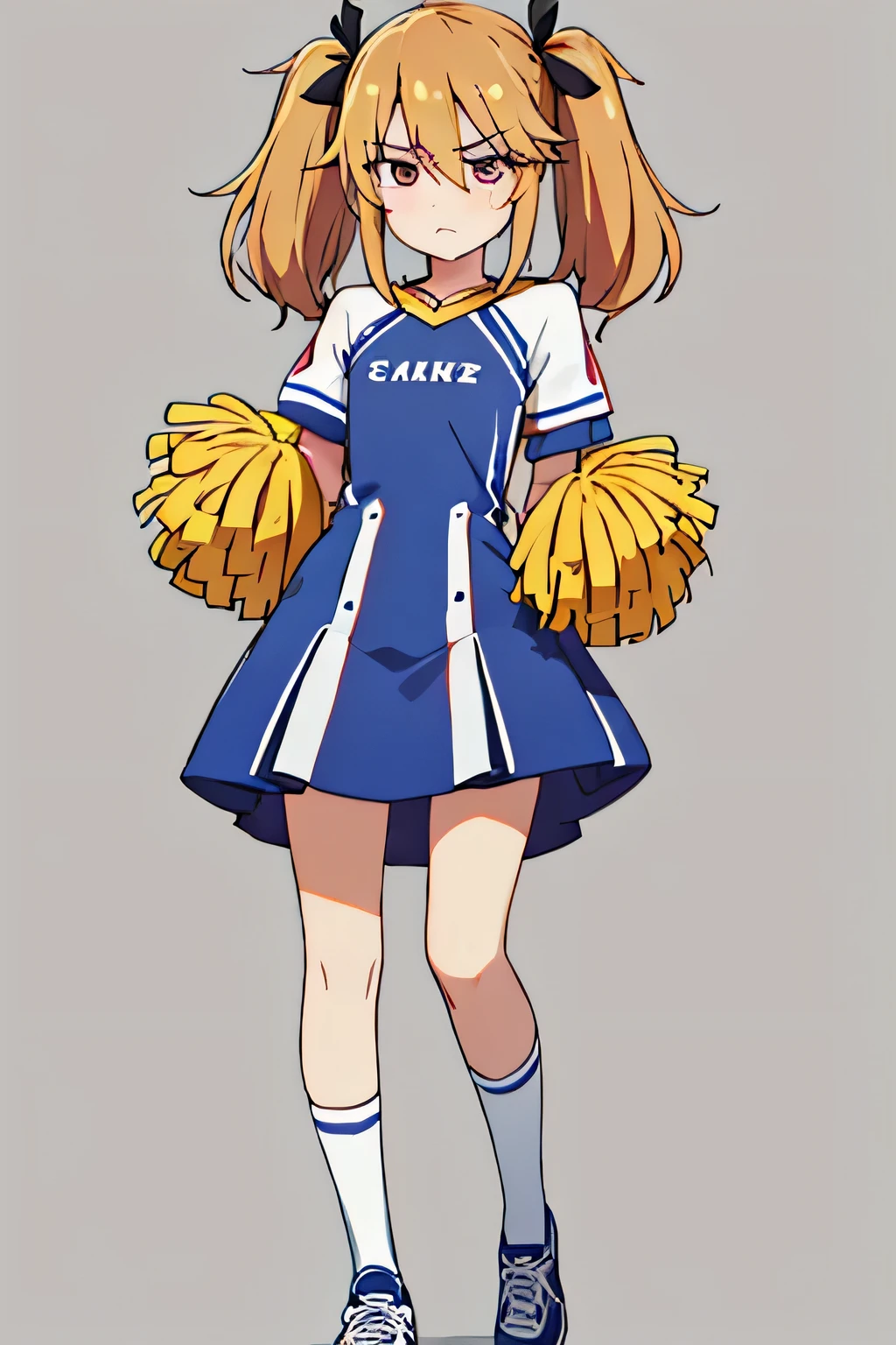 Here is your prompt broken down into specific categories:
Hair Features:
• Medium-length, slightly wavy light brown hair
• Styled into twin-tails
• Tied with red and yellow ribbons
Facial Features:
• Shy and slightly embarrassed expression
• Cheeks blushing
• Eyes showing a hint of determination despite the bashful demeanor
Body Type:
• Short stature
Outfit:
• A simple and cute mini-length dress
• Soft and flowing fabric that gives a light, airy feel
• Designed to enhance her charming and innocent look
• Complementary color scheme, possibly incorporating red and yellow to match her ribbons
• White knee-high socks
• Red athletic sneakers with yellow laces
Pose:
• Standing with feet shoulder-width apart
• Facing forward
• Looking slightly hesitant but still embodying the spirit of a cheerleader
• Holding two large, fluffy yellow pom-poms in her hands
Background:
• Clean, minimalistic gradient to emphasize her vibrant presence
• Simple background