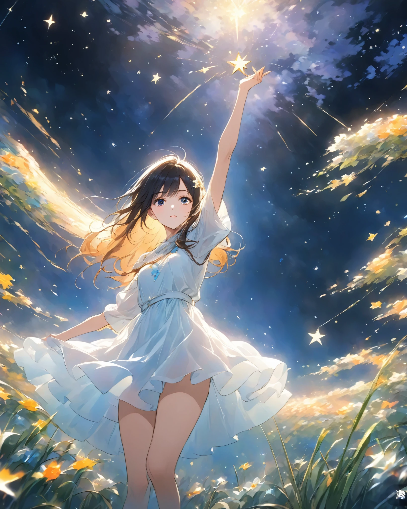 The background is night、 long-haired women 、Reach for a star with a serious face