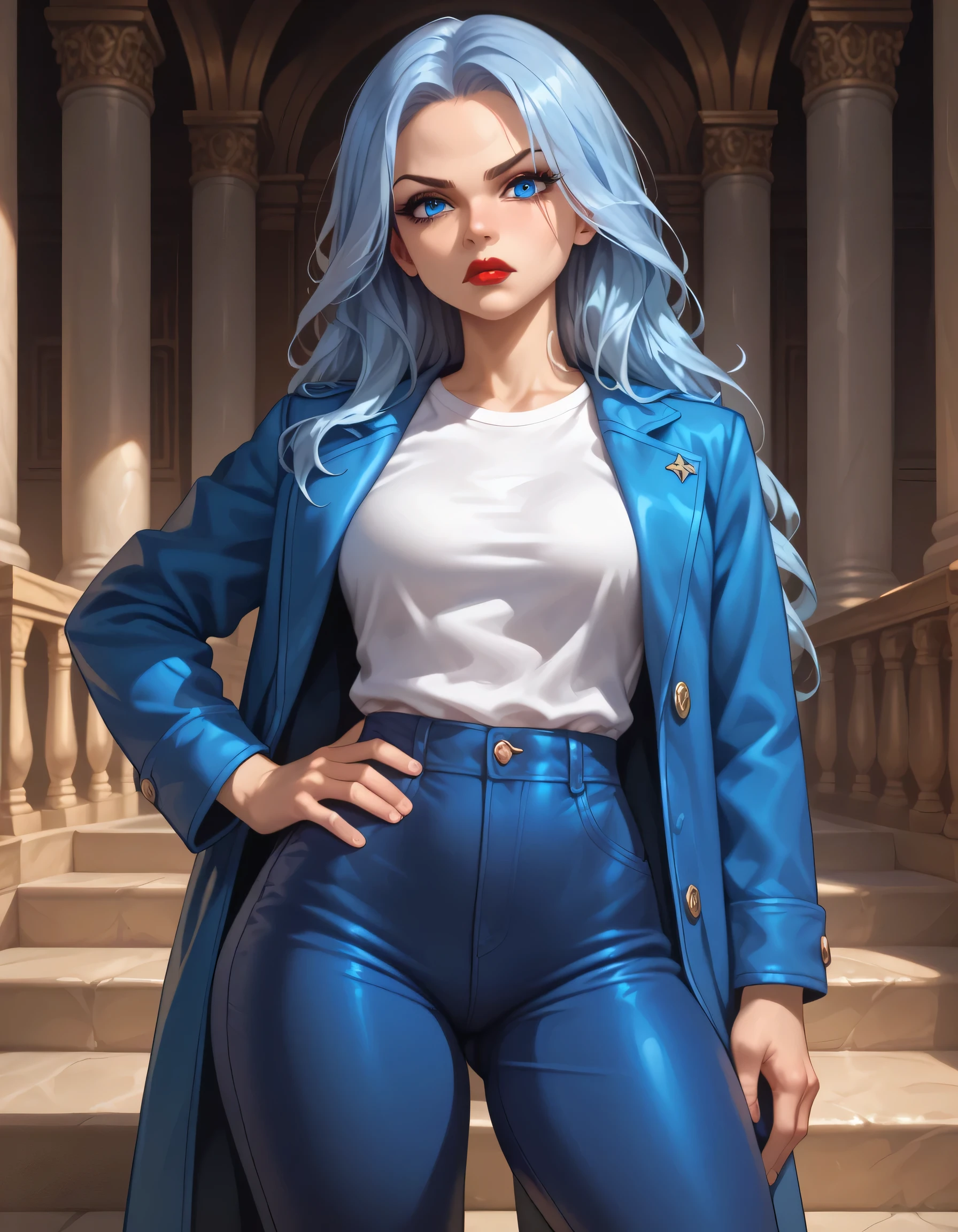 adult, female, young, beautiful, beige skin, light blue hair, long hair, straight hair, blue eyes, tall, curvy thighs, curvy hips, thin waists, medium breasts, perky ass, skinny, detailed eyes, detailed face, detailed body, adult, detailed backyard, detailed eyes, make up, looking at viewer, evening, solo, calm, arrogant, hand on hip, hips to side, mascara, red lipstick, white shirt, blue pants, blue coat