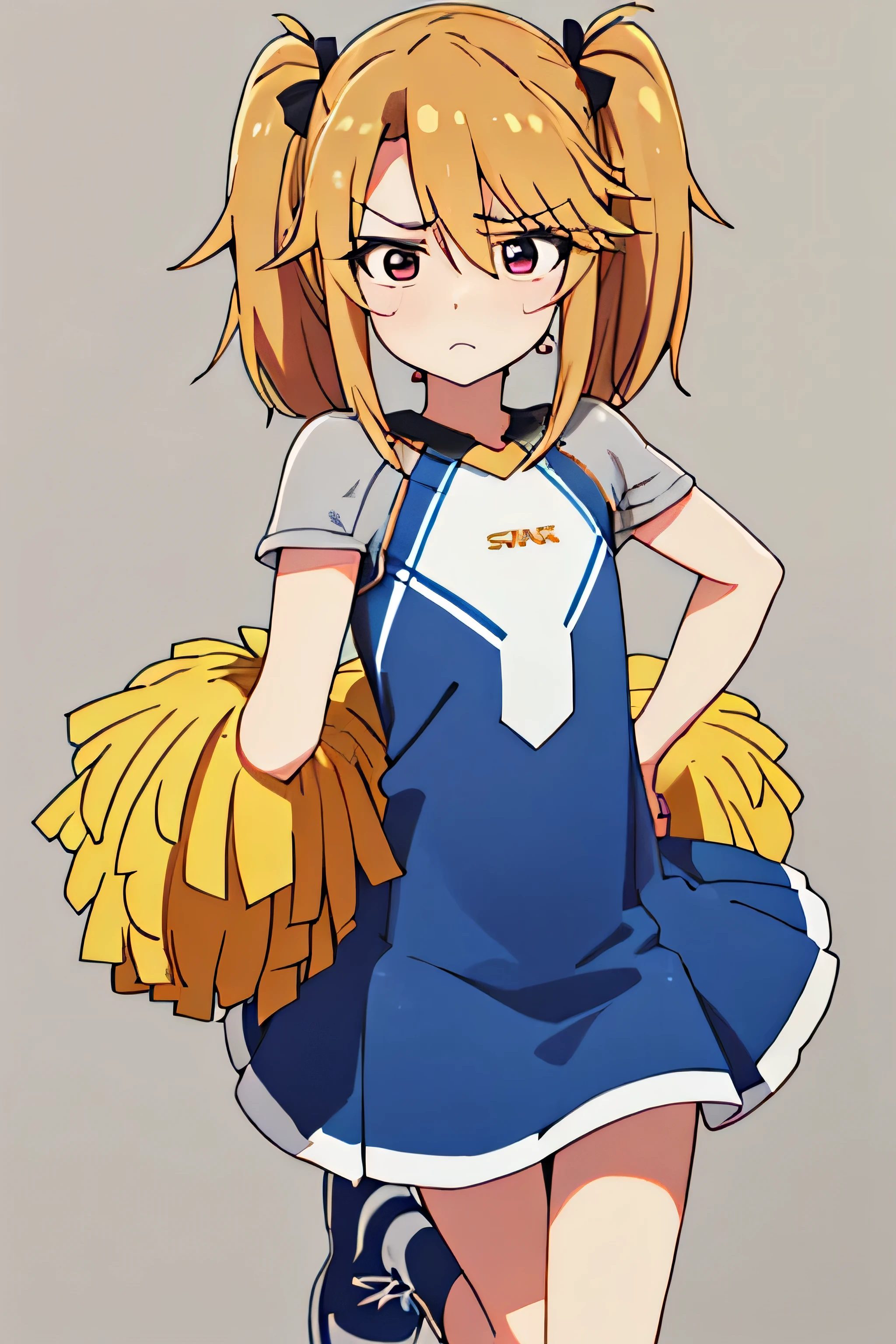 Here is your prompt broken down into specific categories:
Hair Features:
• Medium-length, slightly wavy light brown hair
• Styled into twin-tails
• Tied with red and yellow ribbons
Facial Features:
• Shy and slightly embarrassed expression
• Cheeks blushing
• Eyes showing a hint of determination despite the bashful demeanor
Body Type:
• Short stature
Outfit:
• A simple and cute mini-length dress
• White knee-high socks
Pose:
• Standing with feet shoulder-width apart
• Facing forward
• Looking slightly hesitant but still embodying the spirit of a cheerleader
• Holding two large, fluffy yellow pom-poms in her hands
Background:
• Clean, minimalistic gradient to emphasize her vibrant presence
• Simple background