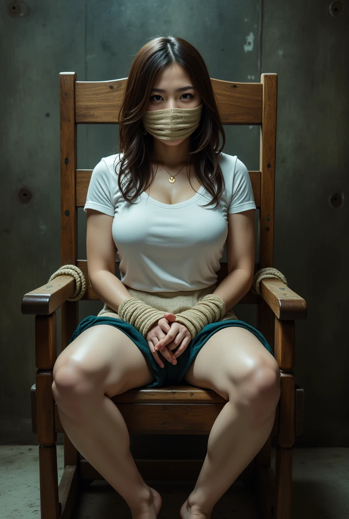 highres, 8k, HDR, 1girl, photorealistic, realistic, woman tied up on a couch with a blind, rope bondage, shibari, blindfolded, tied with chair, strangled with rope, blindfold, restrained, wrapped in leather straps, submissive, dominant pose, asian girl, inspired by Franz Stuck, ((restrained)), asian woman, slave, on a couch, portrait shot