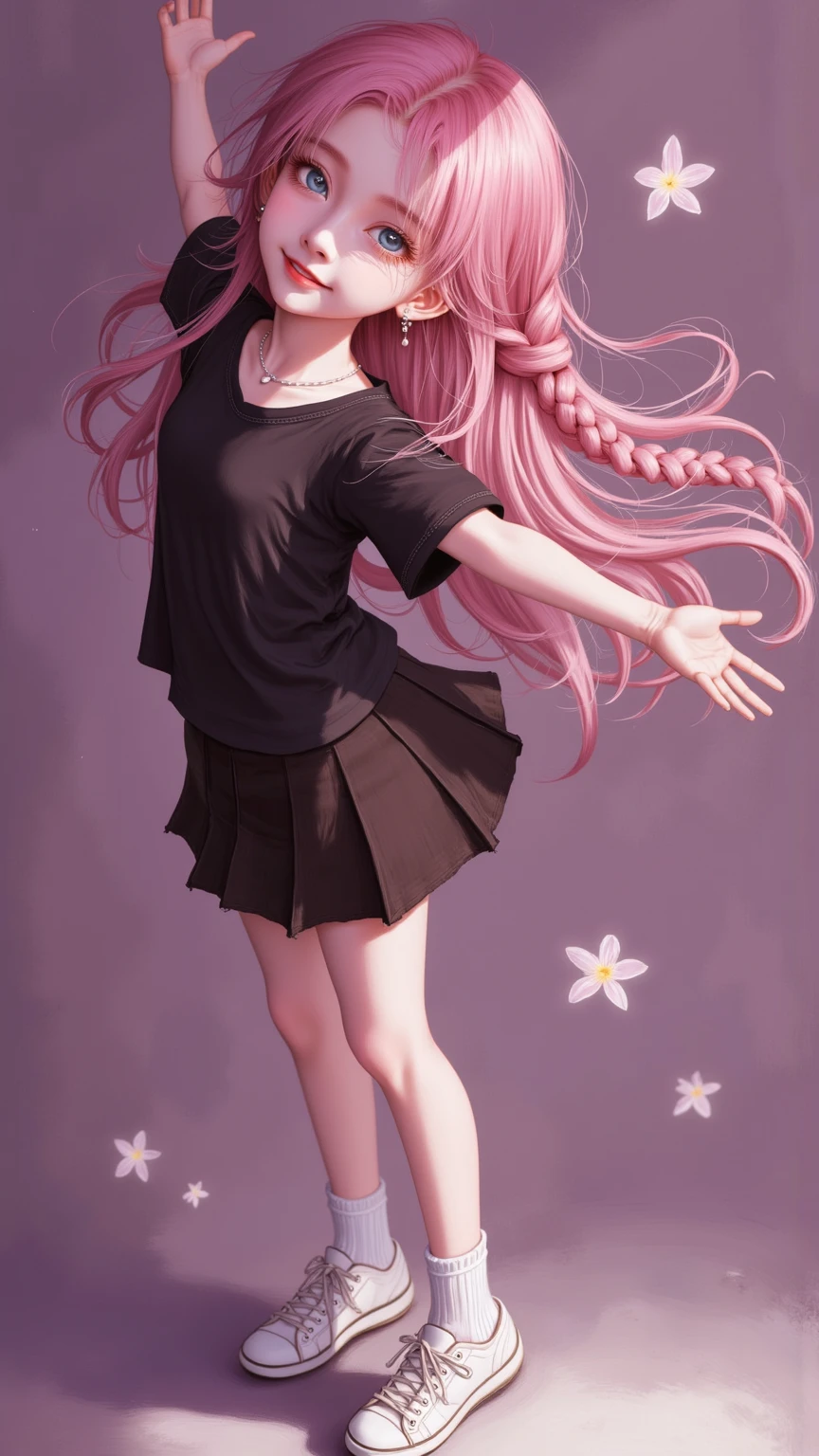 realistic texture painting,Movie,nose,Lips,(外frame,白色frame,frame:1.15),full body, 1girl ,Smile,Black shirt,Black skirt,百褶裙,Short sleeve,Blue Eyes,pink hair,braid,Braided hair bun,double bun,Shut up,long hair,sneakers,White shoes, White Socks ,Face to side,stretch out arms,Arms up,Exquisite and beautiful,4K,ultra-high definition,Extreme Detail, professional ,Vivid Color,Shallow depth of field,Perfect photo,Natural Shade,Professional Portrait Photography,Exquisite Oil Painting Texture,Dynamic Nature,專業Movie場景, Pink tone , Soft Tone