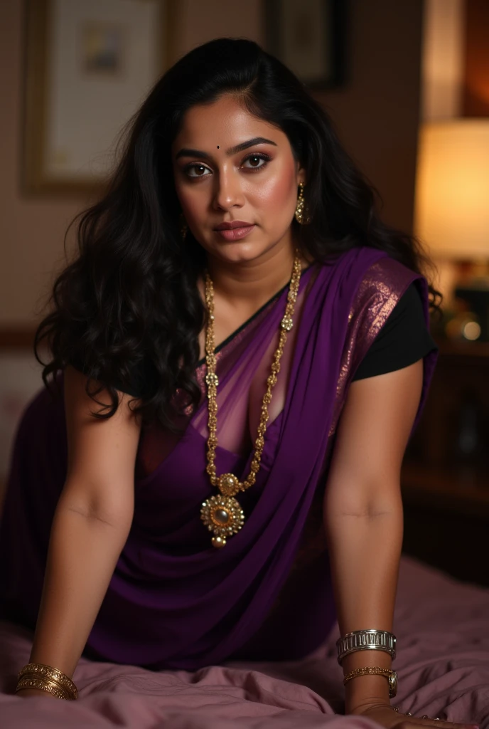 Day scene, full body photo of a plus sized 45 year old indian with a man from top view, (Masterpiece, Best Quality, High Resolution), office Background, (cum Splash on her breasts and nipples, cum Splash on her face, Splash of cum, cum Splash on her blouse, cum Splash on her eys), Sweet 25 year old South indian women sitting on a bed, hour glass body red lips, purple colour fully transparent gown, lightly makeup,ultra realistic, realistic, look at viewer (cinematic:1.3), intricate details,