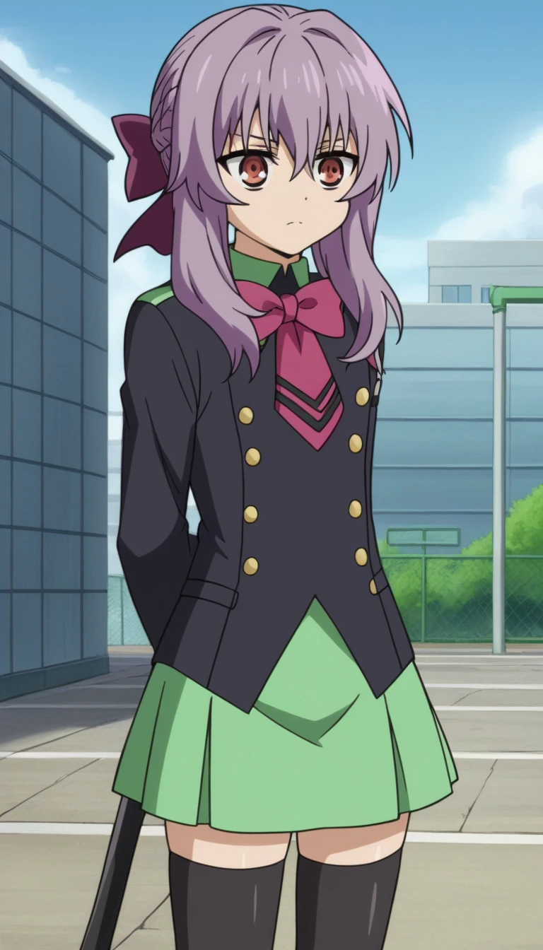 2D, HD, Detailed details, top-quality, ultra-detailed, Highly detailed, masterpiece, best quality, high res, solo, 1girl, Shinoa,1girl, solo, purple_hair, hair_between_eyes, bow, sidelocks, shirt, white shirt, dress shirt, bare legs, bare arms, wariza, expressionless, looking_at_viewer, smile, mini breasts, anime-styled, hands behind back, stand