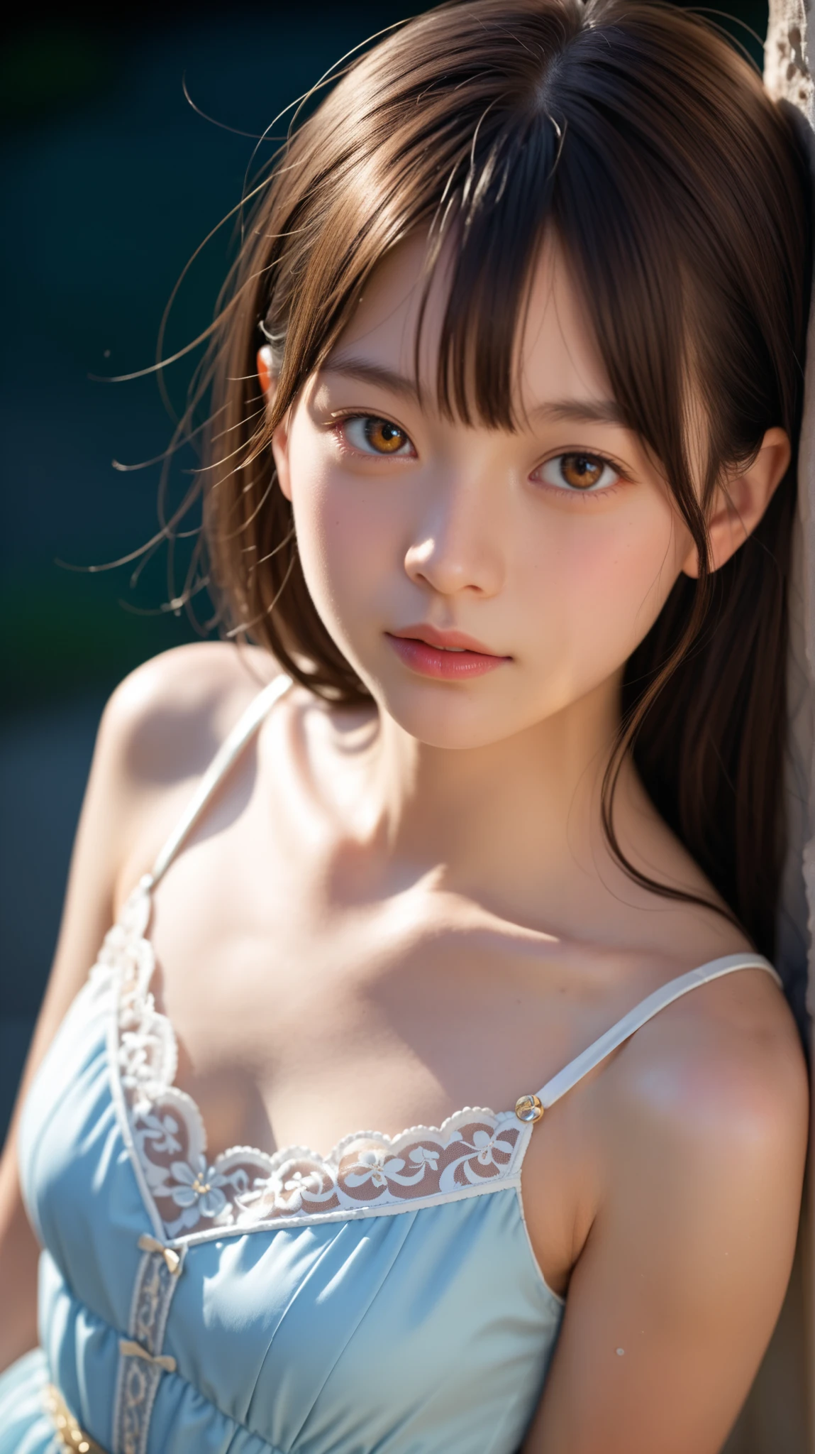 upper body angle、perfect anatomy, Japanese women, girl, solo, 一人もgirl, white skin, her brown hair is up , Bangs, She's wearing a black and gold lace bodysuit, キャミソール dress, Light Pink Camisole, dress, She has lace straps on her legs , She is not wearing shoes. very detailed, majestic