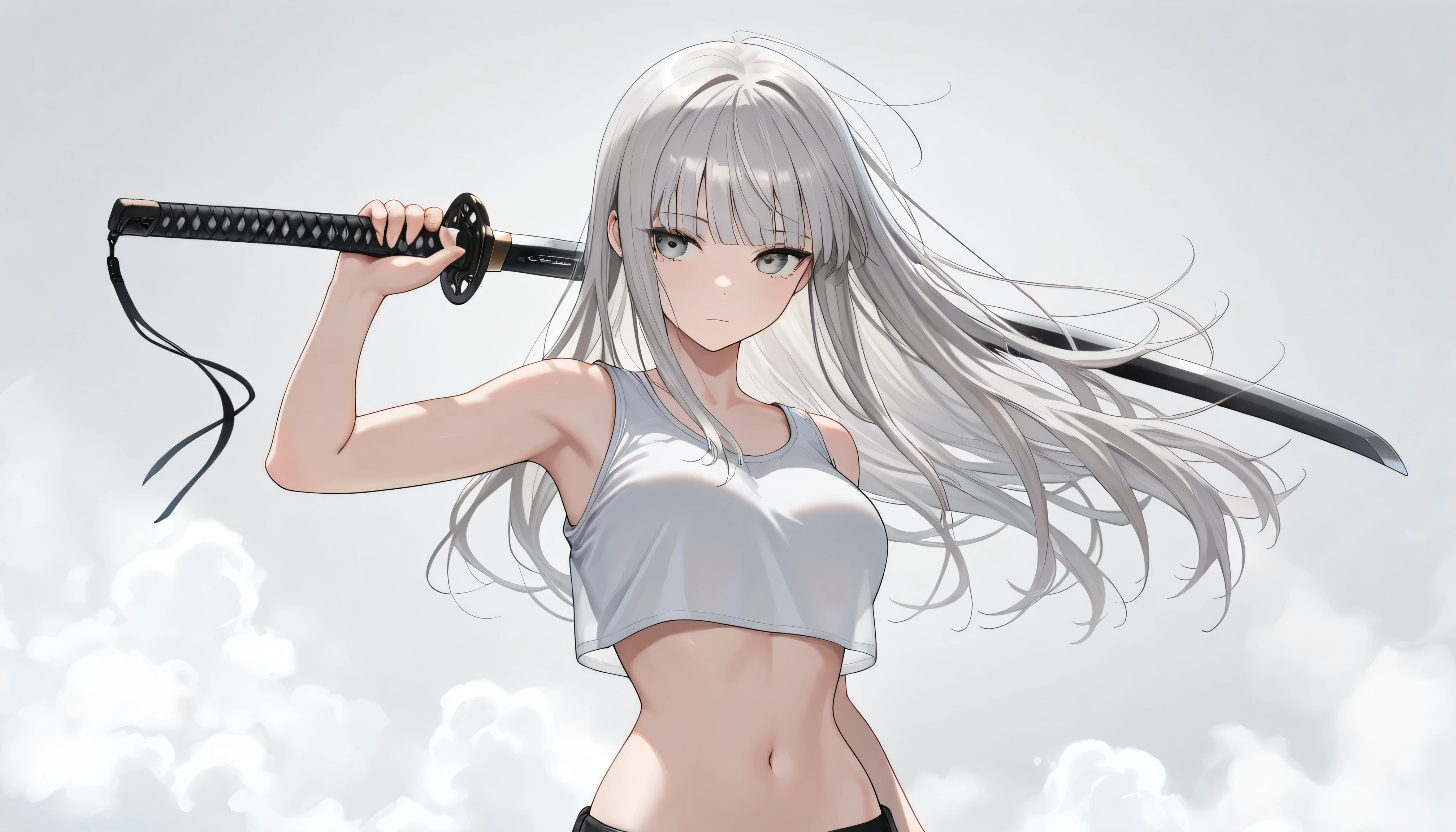 ((masterpiece, best quality, amazing quality, very aesthetic, newest, realism, hyper-detailed, beautiful, cinematic)) 1girl, 24 Years Old, A bit medium breasts, solo, Light Gray Background, long Light Gray hair, White Loose Crop Top Tees, Navel, Holding a Katana with a Jet Black Blade, combat-ready stance with a katana, looking away, long hair, Blunt bangs, upper body, simple background, Fog, Gray eyes, closed mouth, Light Gray Hair, shot from head to hips with no cut on the head, Fantasy_eyes, Sad Face