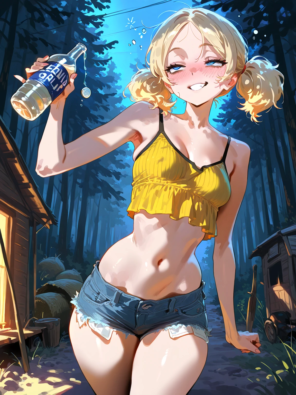 ((Finest quality)),(超A high resolution),(ultra-detailliert),((Best Anime)),sharpnes,Vivid:1.1,The art of astounding depiction,Dazzling sun, (1womanl),(a blond,Disheveled short bob),(Cow print bikini:1.7,denim short pants),