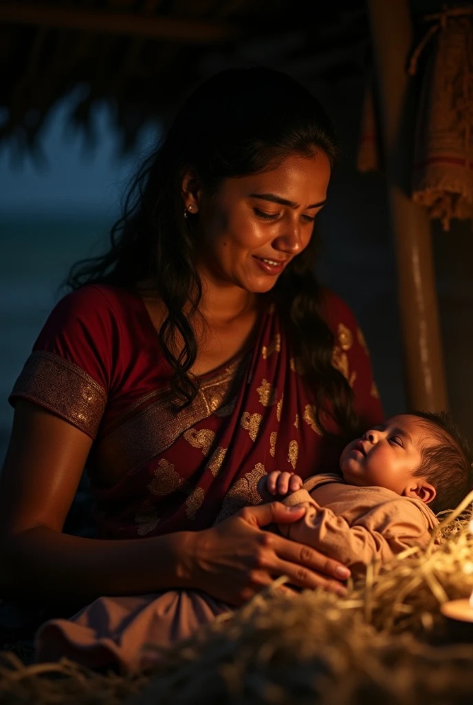 masterpiece, style photo by uman damle, clear obscure, realist, Black background, Caravaggio, Mexican Mayan indigenous woman with an embroidered huipil, sitting on a rebozo, breastfeeding their baby, and held a corn cob, illuminated by a candle, old painting style, Renaissance people, uman damle,