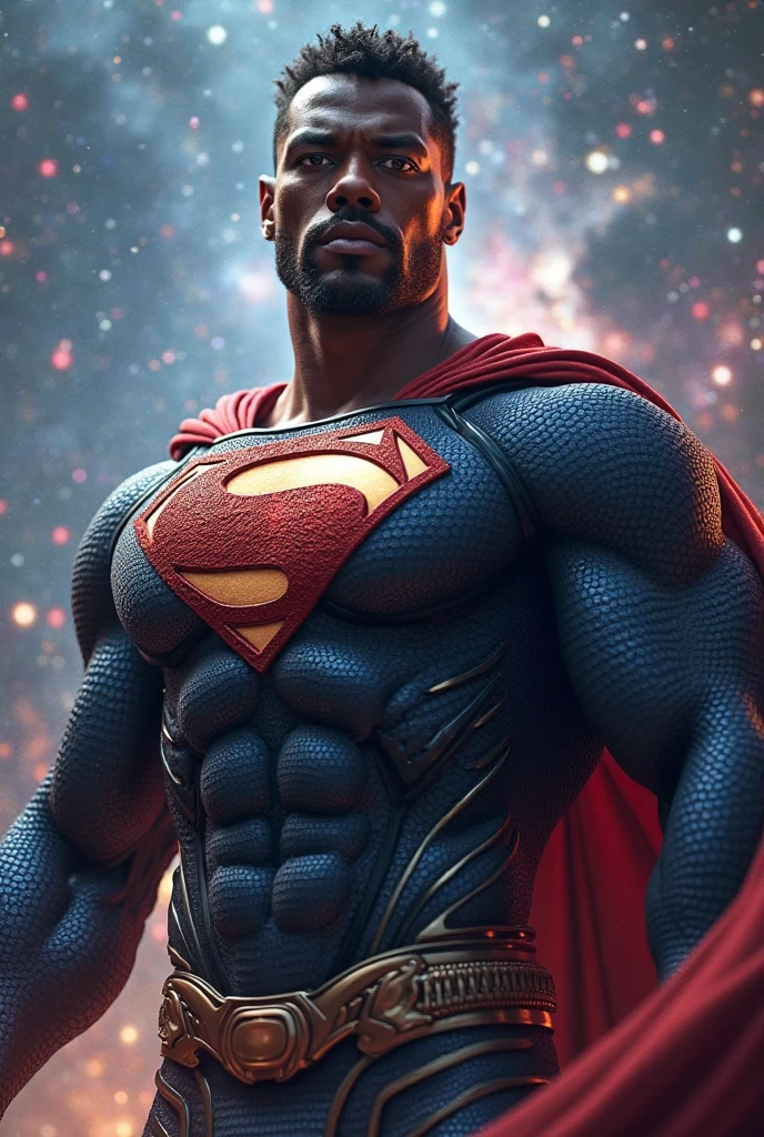 An African American superman with a t instead of his s in the middle of his torso displaying a smile and a cold but confident look