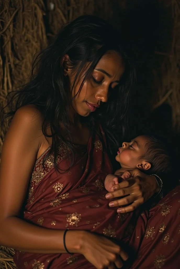 masterpiece, realist, high contrast, Abraham Bloemaert painting style, indigenous mexican woman,light, with Mexican embroidered shawl, breastfeeding her baby, and held a corn cob,shocking look,great handling of light and dark, warm light, old painting style, Angel of Caceres, photography by uma damle, style photo by uman damle, Caravaggio, visual impact, Baroque, great contrast, face illuminated by candle, Black background,