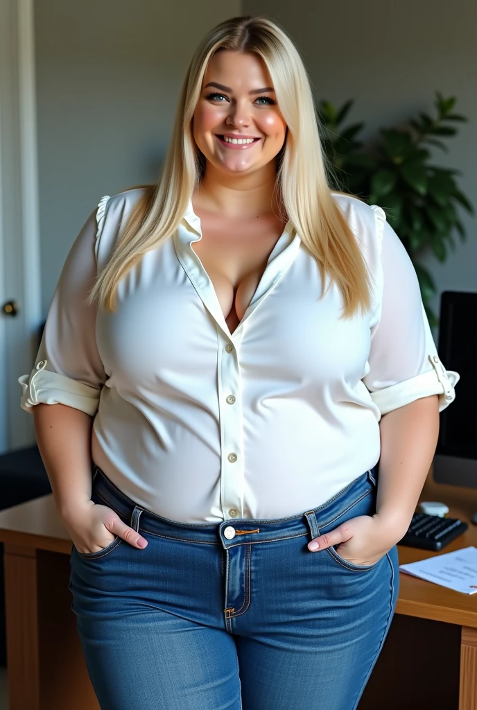 Fat woman, 40 years old white Caucasian woman, bedroom, morning, waking up, sleep shirt, huge breasts, long straight blonde hair 