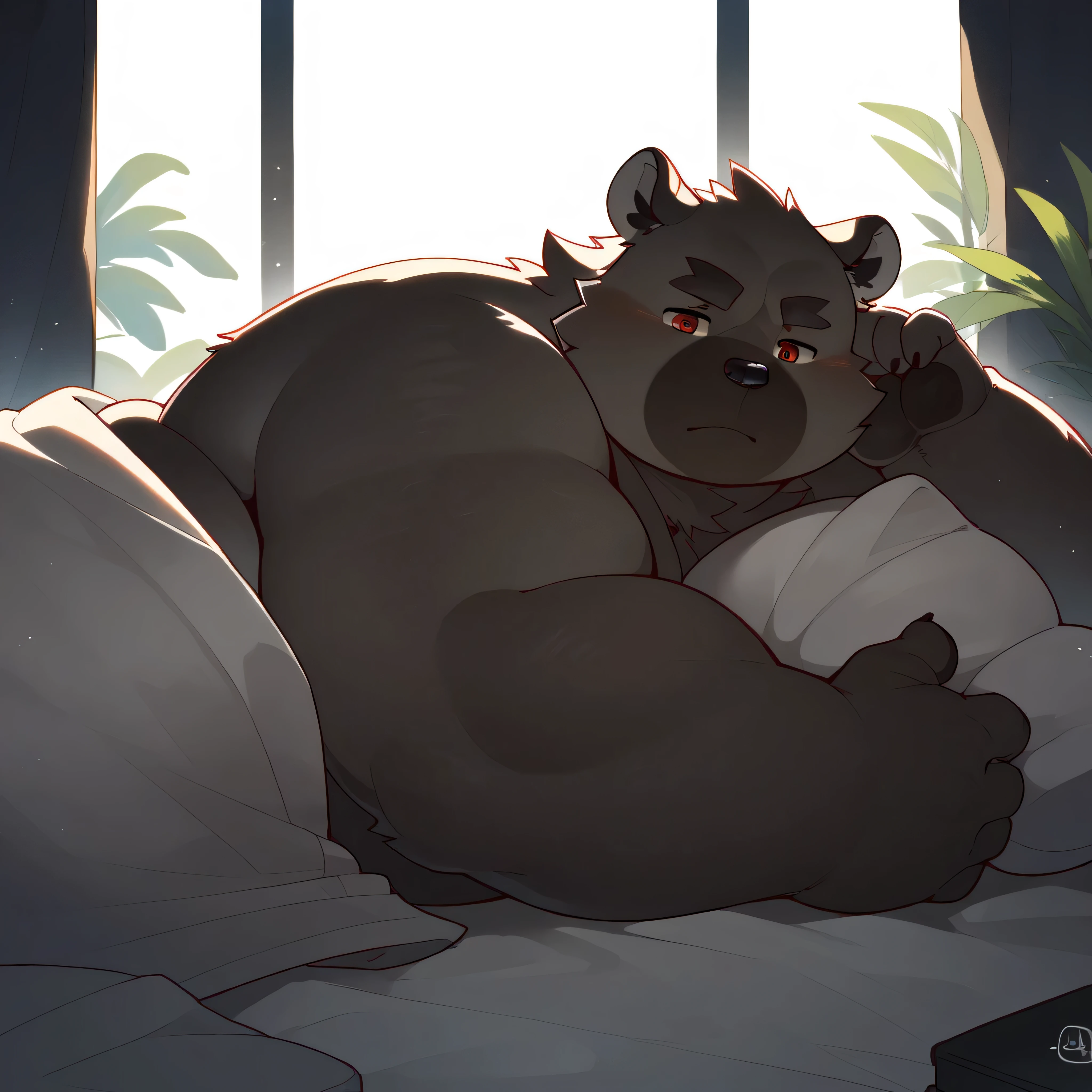 (detailed background:1.2),kemono,plush fur,anime artwork,vibrant,anime style,studio anime,highly detailed,furry,male focus,furry male,1boy,bara,solo,fat,OBESE,thick eyebrows,stubby limbs,full_shot,solo,score_9,score_8_up,score_7_up,detailed eyes,red eyes,5 fingers, naked, hard dick, sleeping on side under blanket , visible dick, hard dick, 4k, high quality, perfect face details, perfect eyes, NSFW