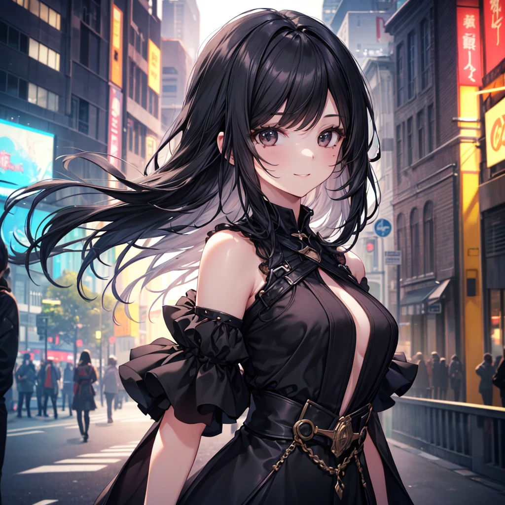 (Masterpiece、Ultra-high resolution、Detailed expression、Beautiful depiction、8k、Highest quality、Artwork:1.2)、(Giant:1.3)、Beauty、whole body、Beautifully detailed face、Over the city、A towering presence、Black Hair、Casual wear、skyscraper