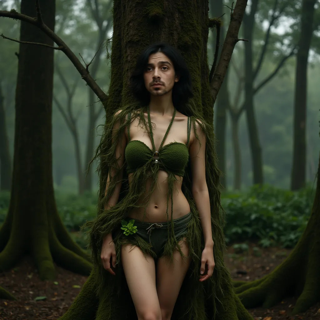 within a dark enchanted forest sits a dark nymph in tattered leafy garments. It is sitting on the stump of a cut down tree