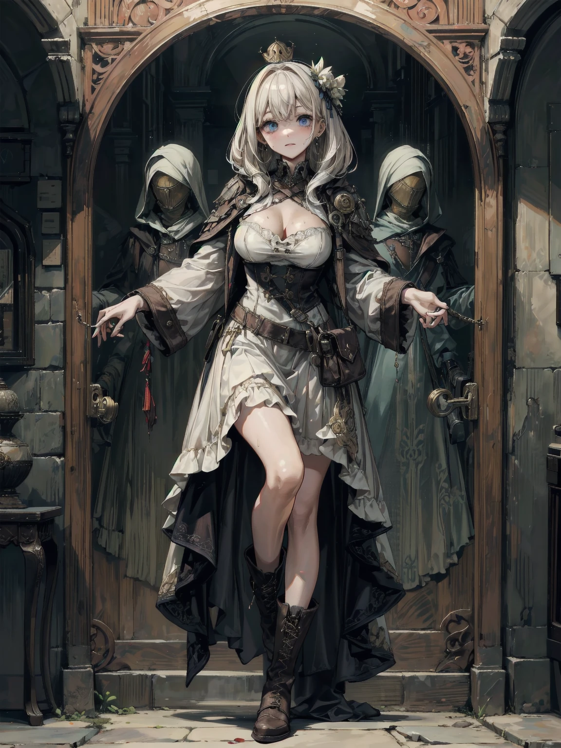 whole body, Anime character, alchemist room, traditional witch outfit, absurdres, RAW photo, extremely delicate and beautiful, masterpiece, Best Quality, ultra high resolution, 32k, hyperrealistic, ultra-detailed, perfect figure, perfect shape, detailed description, pale skin, 20 years old, detailed beautiful face and eyes, tearful mole, earring, short medium hair, wavy hair,