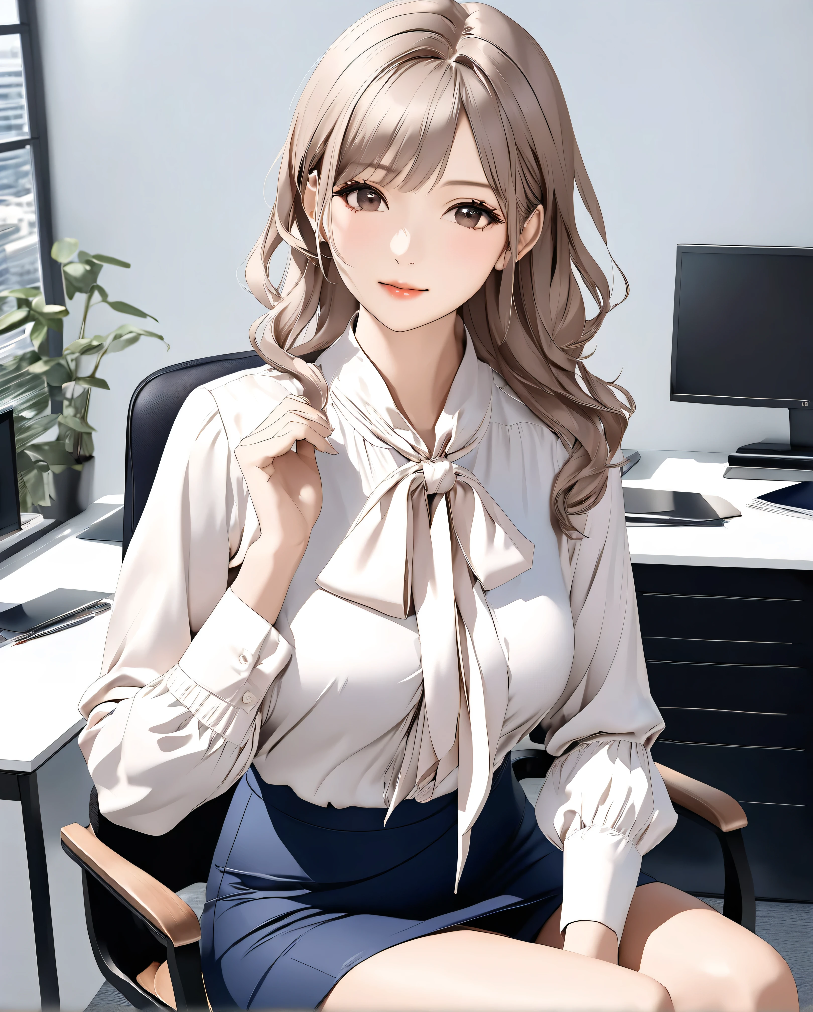 Anime girl sitting in a chair with a white shirt and blue skirt - SeaArt AI