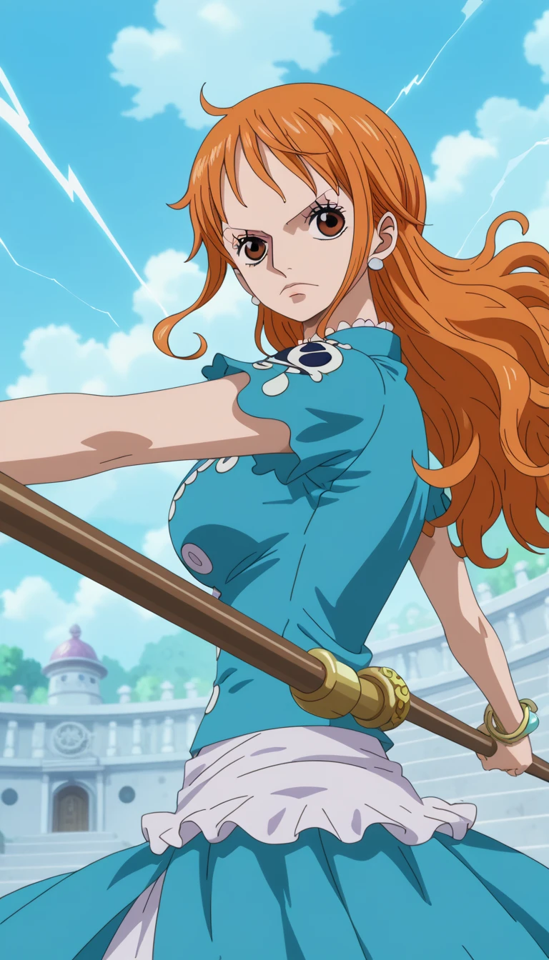 A one piece character member of the mugiwara crew. She is 20 years old. She is a beautiful woman with beautiful green eyes, thick eyebrows and . She has long wavy brown hair that she wears down. Her weapon is her speed and elasticity. She is funny, sarcastic, charismatic, kind and anxious. She loves purple and ligh blue and she is not very femenine