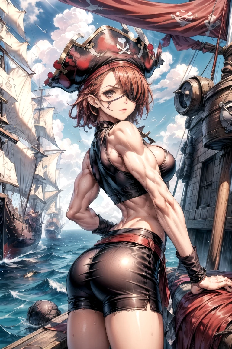(NSFW:1.4), high resolution, excellent composition, (best quality:1.5), 1girl, pirate girl, (standing action pose), daring pose, pirate sword, smug face, 18 years old, petite, girly, cute face, multicolored hair, pixie cut hair, bright green eyes, ((naked:1.5)), badlands branding tattoos, perfect anatomy, medium breasts, ((short pirate vest, exposed breast)), sexy body, pirate_hat, scarf, fingerless_gloves, ((pirate belt)), chains, (fishnet stockings:1.3), (pirate boots), (thin pubic hair), (virgin), (pretty face), beautiful round anime eyes, (smooth abdomen), jewelry, vibrant outdoors, day, bare shoulders, full body, perfect body, ((pirate ship background)), (gun holster), accurate hands, ultra detailed, intricate detail, 8k, (extremely detailed CG 8k wallpaper), ray tracing, bsp, 1 girl, leather,bsp,sexypirate