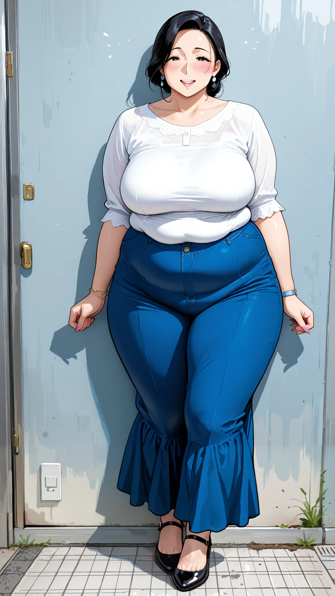 4k, realistic, carismatic, very detail, there is a girl in the room, she is a boss, office theme, soft clothes, long hair, wearing cloth pants blazer, 35 years old, full body, wearing high heels, plump belly, chubby, obese, massive breasts, wide hips