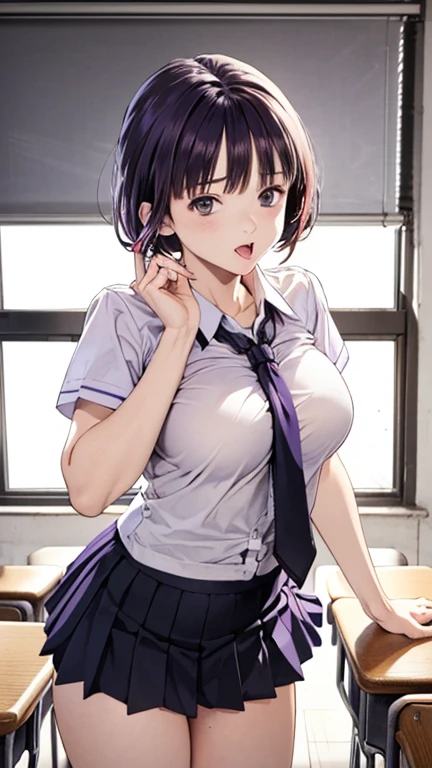 From the back、8K、Highest quality、(masterpiece:1.2)、Real、Super fine、Ultra-high resolution、1 person、Beautiful face、perfect body、((Black Bob))、Waistline、(Waist Slim:1.3)、Beautiful Skin、Skin Texture、Floating hair、(((highschool Uniform)))、classroom、Blushing、((full body shot))、high school girl、White tank top、Panty shot、White panties,Detailed depiction of the thin cotton texture and wrinkles of the panties、Detailed and beautiful hair texture、Detailed depiction of large pink areola、Standing in the classroom,yoshizuki_iori
School_uniform_Purple_shirt_Blue_skirt_White_neckerchief_Black_thighhighs、