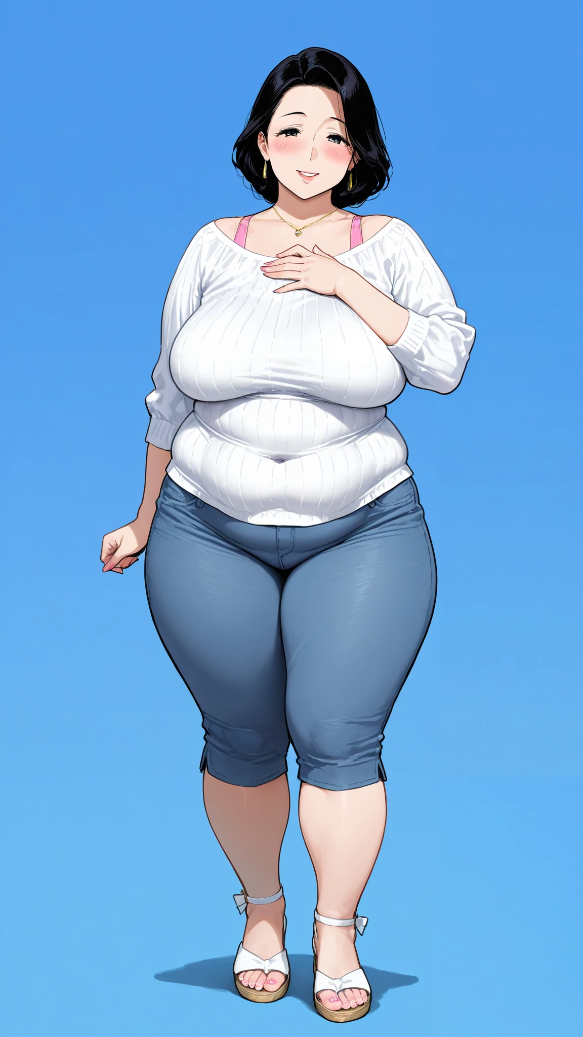 mature and plump woman,Plus Size,30 years old, black hair,is tall,I've gained a little weight, smiles with embarrassingly blushing cheeks ,slingshot swimsuit:1,Huge Saggy ,side:2,High quality work,masterpiece, 4K resolution、pink swimsuit、slingshot swimsuit、bet