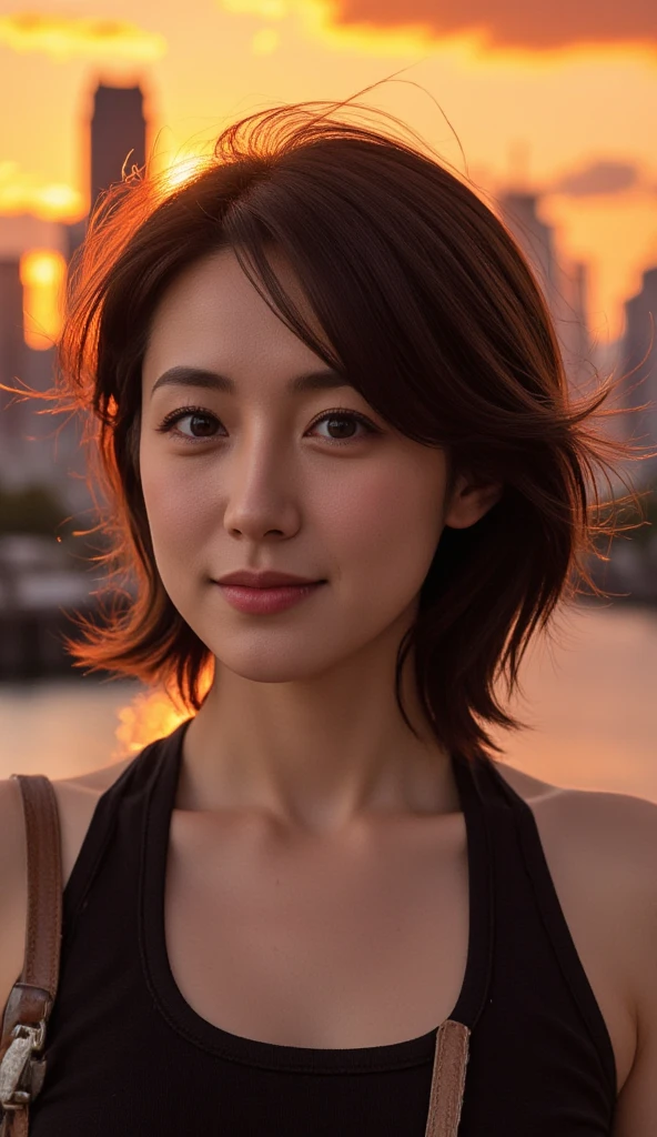 (highest quality, 32K,8K, masterpiece), A photo of a very cute Japanese woman, bob hair,Upper body,small breasts, sunset on the face,Eyes are the charm point,necklace, calvin klein style underwear,raise the corners of your mouth