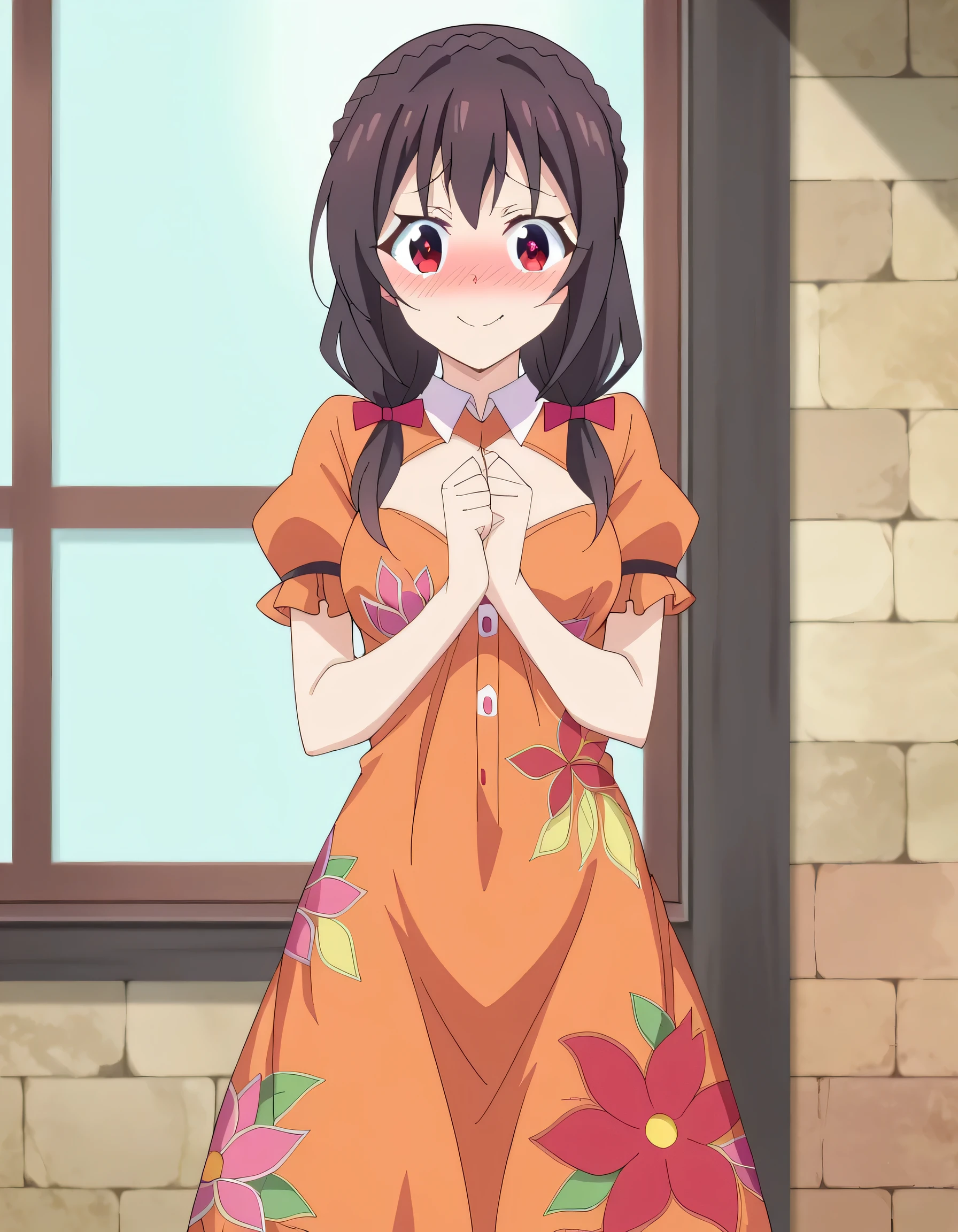 high image quality,high quality、
Yunyun、 (One person)、(solo)、black hair, red eyes、(青いリボンのponytail:1.2)、(Orange floral dress)、thighs、(an embarrassed smile)、blushes、blue sky、(ponytail)、(Clothes are transparent and the silhouette of the body is visible)