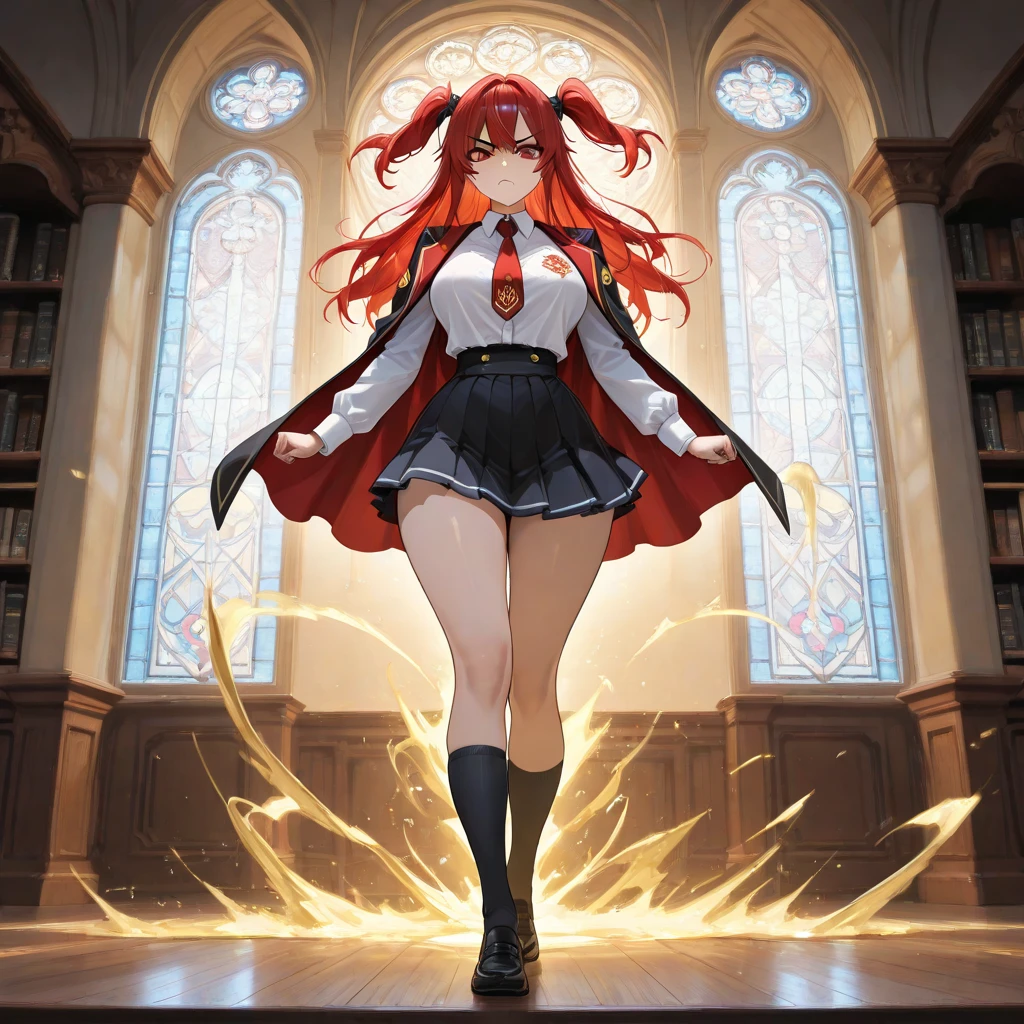 masterpiece, best quality, dnfEle, hairband, black capelet, white shirt, red skirt, white thighhighs, garter straps, cowboy shot, looking at viewer, from side, surprised, flustered, library <lora:elementalist-nvwls-v1-000010:0.9>