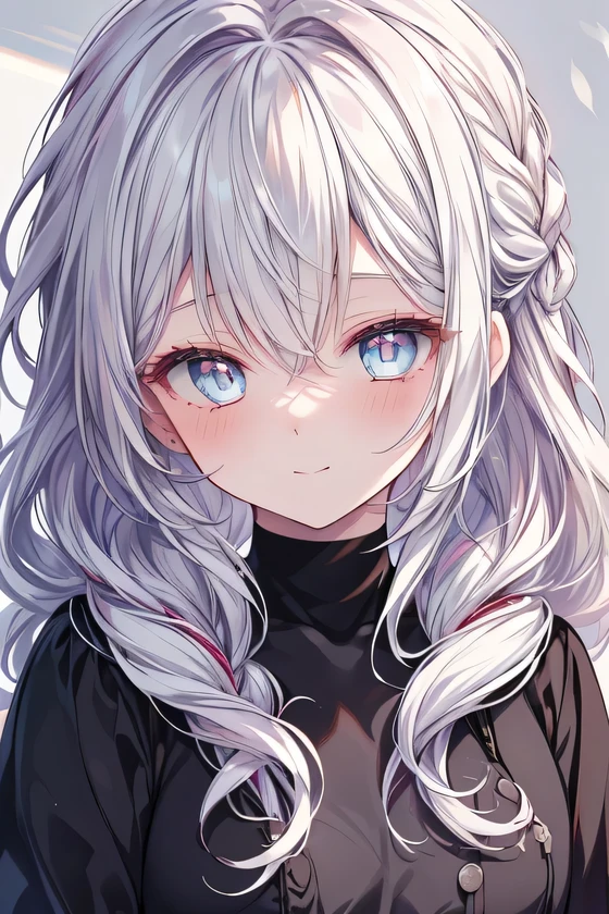 girl, cute girl, beautiful anime women, smilled, white hair, long hair, messy hair, wavy hair, braided hairon the side, blue eyes, blushing, girl, beautiful hair style, (((Best Quality: 1.4))), (best quality 1.2, shadow 1.3, (Fidelity: 1.4), eyes++++, ultra-detailed, pupils 1.3
