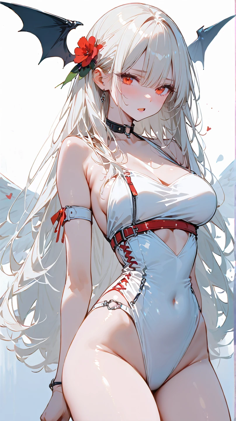 Silvery hair,red color eyes,Raised sexy,Keep your feet apart,White pantyhose,huge tit,One woman,(tmasterpiece), Best quality at best, s the perfect face,Whole body diagram,an legs,No shoes,White lace underwear