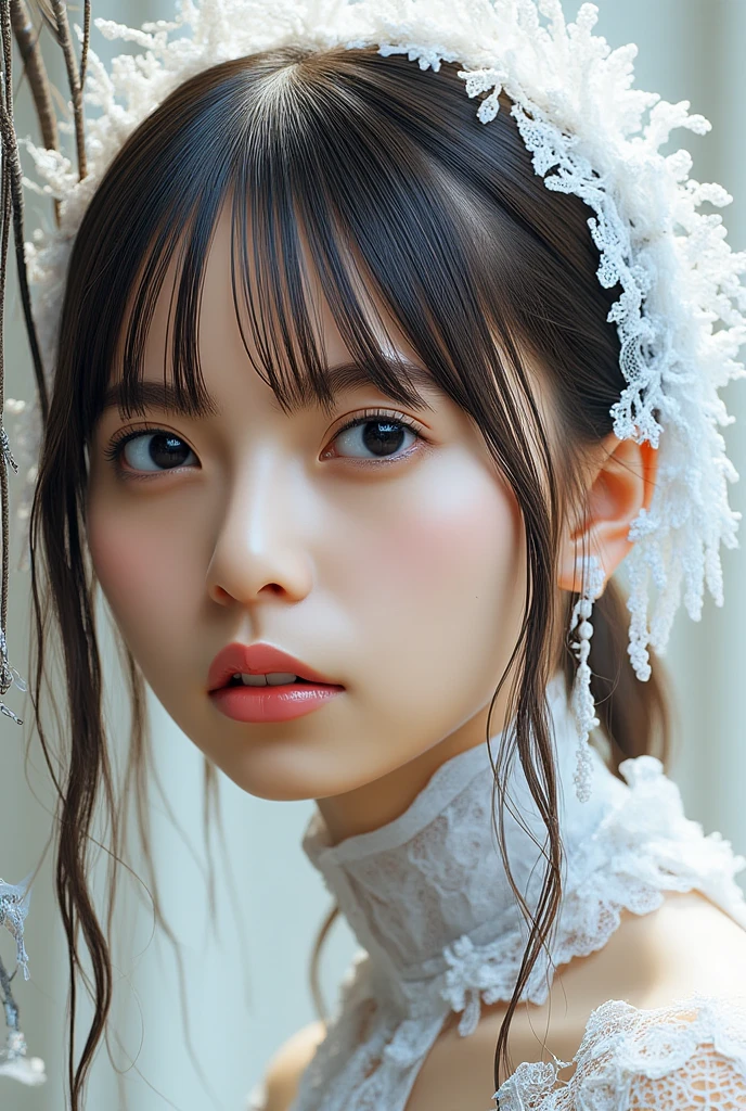 (CeilingShot from Below:1.28), White and Blood Red, (Masterpiece 8K TopQuality:1.2) (ProfessionalPhoto:1.37) ExtremelyDetailed (((FullBody, KAWAII girl with HUGE boobs:1.37)) in (WHITE Lace Wedding MiniDress:1.28)) detailed (Delicate Lace textures), (Detailed(Distant Elaborate Stainedglass Background:1.37) (Tyndall Effect) (Oodles Dazzling NeonColor Particles:1.32)) BREAK ((ZoomLayer, BokeH))PerfectLighting, (((NOGIZAKA FaceVariations))), Extremely Detailed (very KAWAII Face), Childish CaptivatingGaze Stunning ParfectEyes ElaboratePupils with (SparklingHighlights:1.28), Radiant PearlSkin with Transparency . { (Dynamic Joyful expressions LifeLike Rendering:1.4) | (:d) }, (Acutance:0.8) .